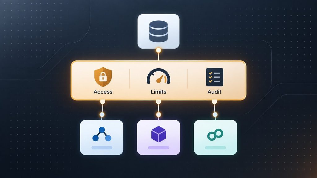 A governance gateway layer above AI agent development tools and platforms, with access control, cost caps, and audit logs