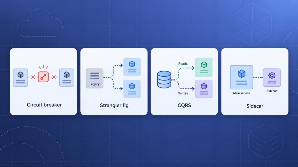 Four cloud development best practices architecture patterns shown as cards: circuit breaker, strangler fig, CQRS and sidecar