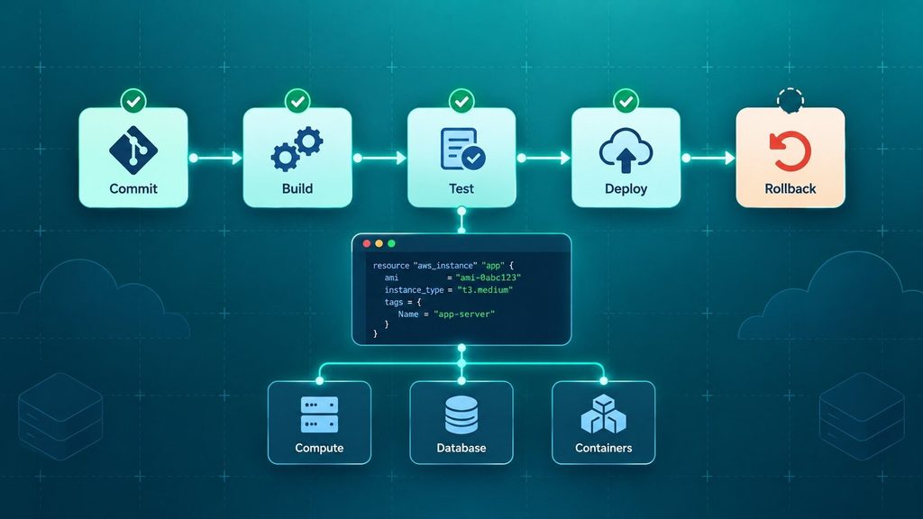 Automated CI/CD pipeline, a core cloud development best practice, with infrastructure as code provisioning cloud resources on commit