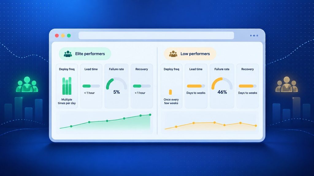 DORA metrics dashboard, a key cloud development best practice, comparing elite and low performing teams on deployment speed and failure rate