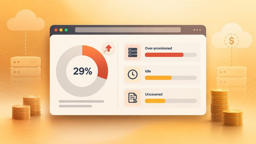 Cloud waste breakdown, following cloud development best practices, showing over-provisioned compute, idle resources and unused commitment discounts