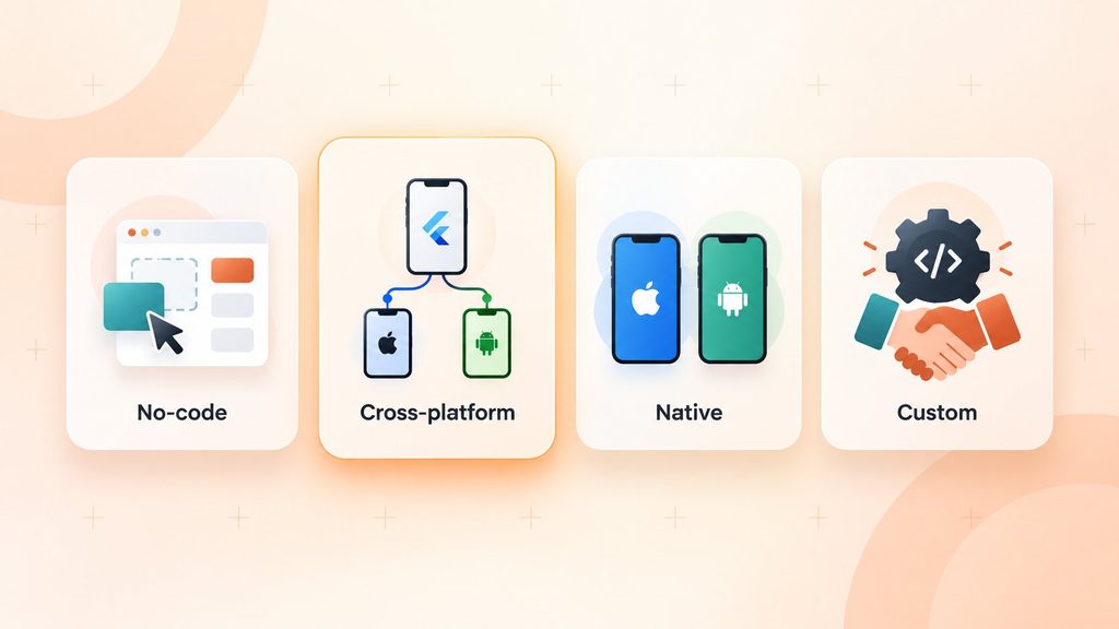 Four ways to choose how to build a mobile app: no-code, cross-platform, native, or custom