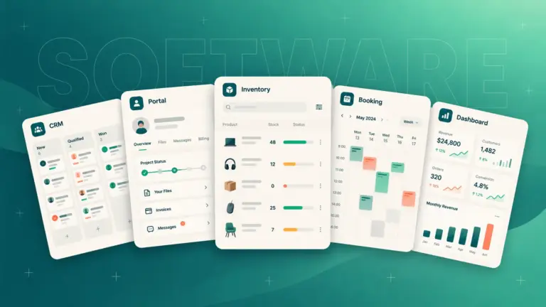 Custom business software examples including CRM, client portal, inventory, booking, and dashboard tools