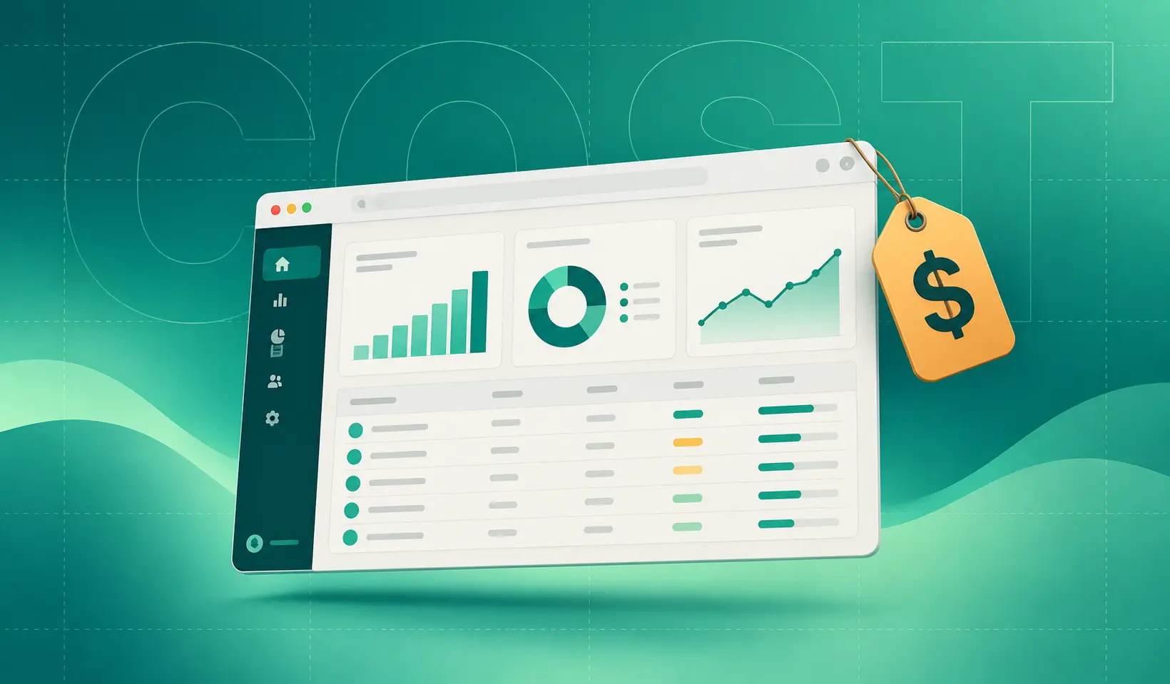Web app dashboard with a dollar price tag representing custom web app development cost
