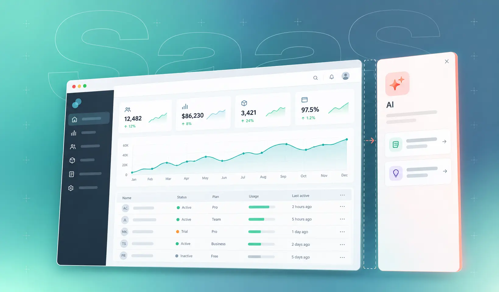 Dashboard with a new AI side panel docking in, showing how to add AI features to an existing SaaS