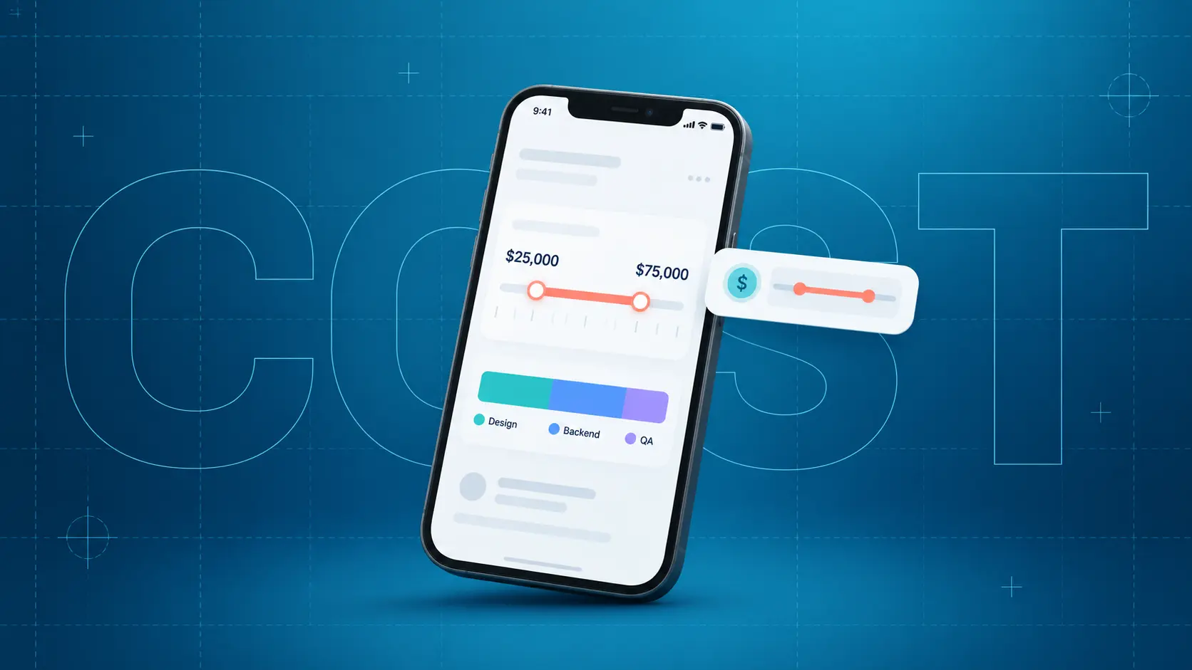 Mobile app development cost estimate on a phone screen with price range and budget breakdown