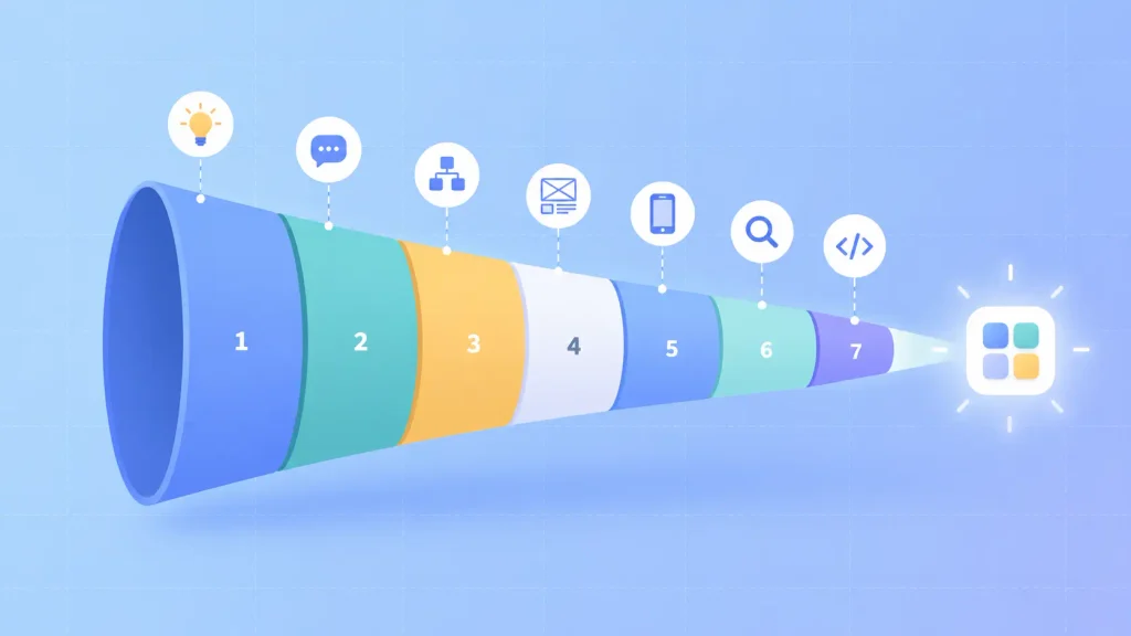 Funnel showing the seven stages of the UI/UX design process for startups, from discovery to handoff