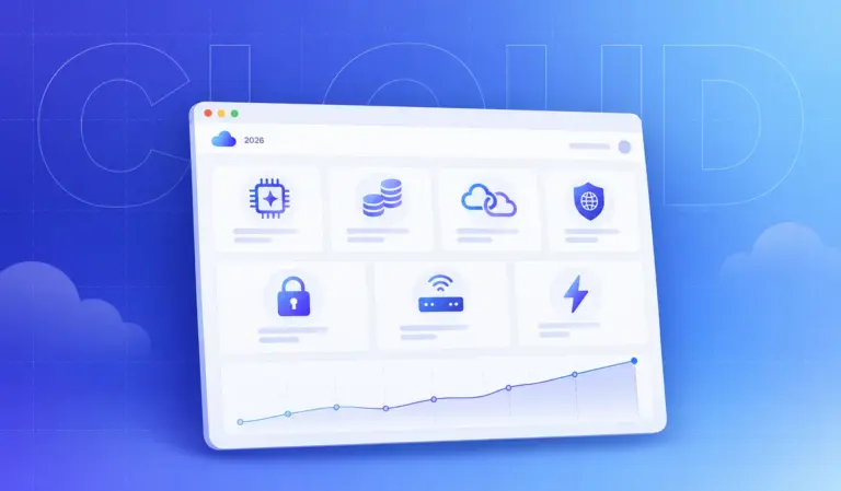 Cloud dashboard with seven icon tiles showing the top cloud computing trends for 2026