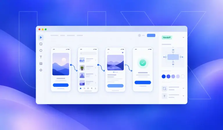 Design canvas with user flow and developer specs illustrating the UI/UX design process for startups