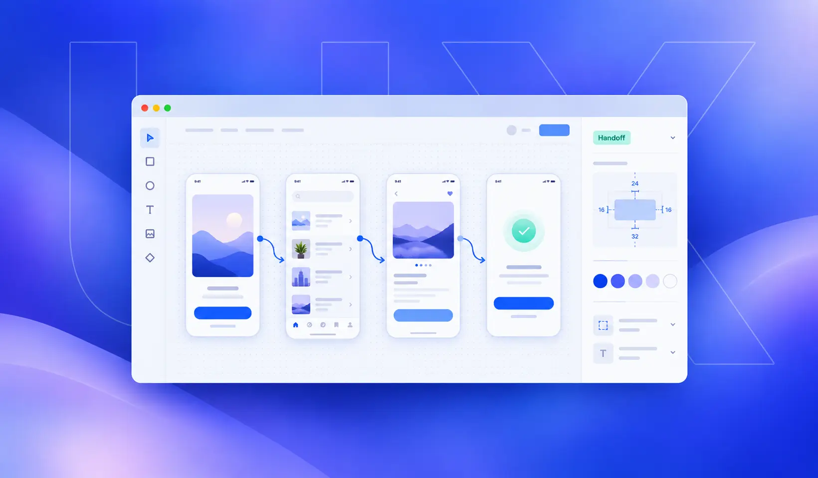 Design canvas with user flow and developer specs illustrating the UI/UX design process for startups