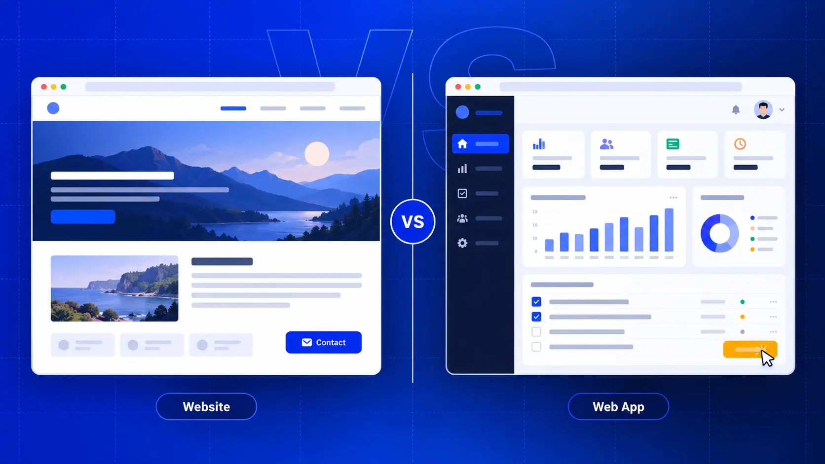 Web app vs website comparison showing a content site beside an interactive dashboard