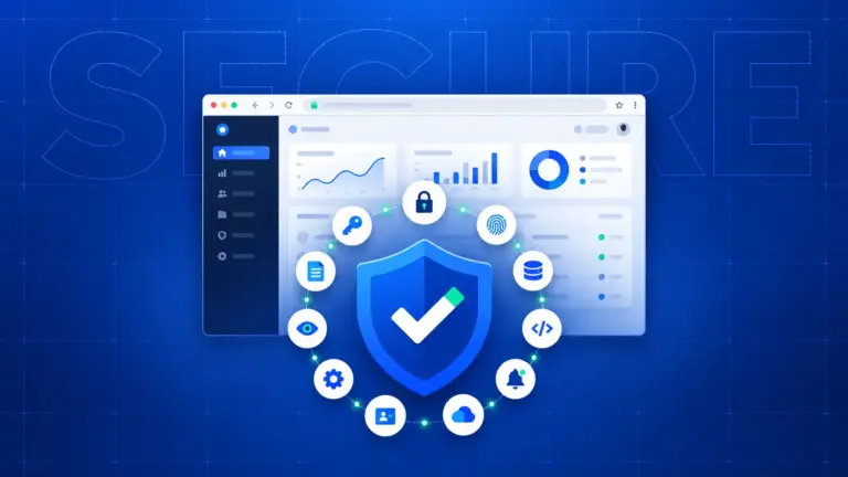 Web application security best practices shown as a browser protected by a shield and twelve security icons