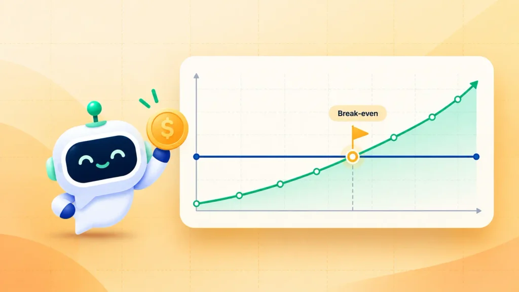 AI chatbot ROI chart showing savings crossing build cost at the break-even point