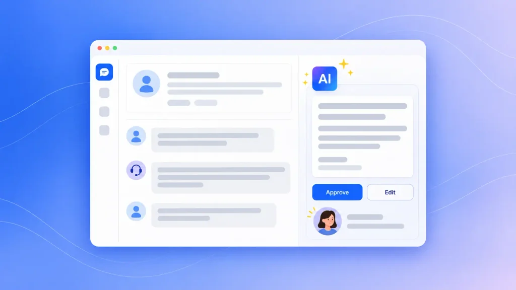 AI copilot drafting a reply inside a business app with a human review step before approval