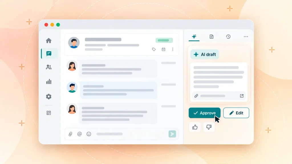 AI draft reply shown inline in a ticket sidebar, waiting for user approval