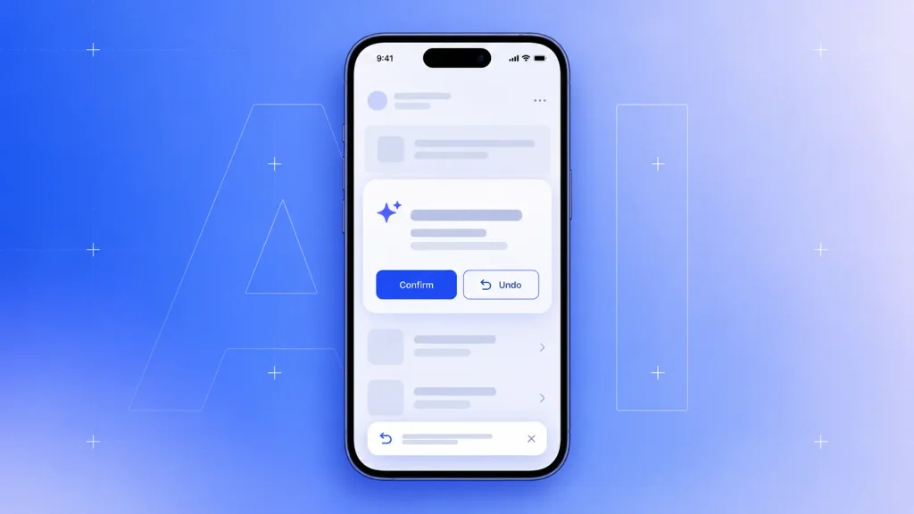Mobile app AI suggestion card with a visible reason line, confirm button and undo option
