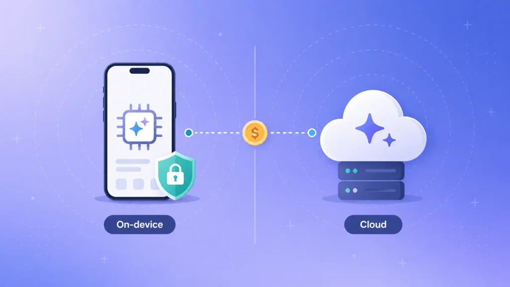 Comparison of on-device AI and cloud AI for features in a mobile app