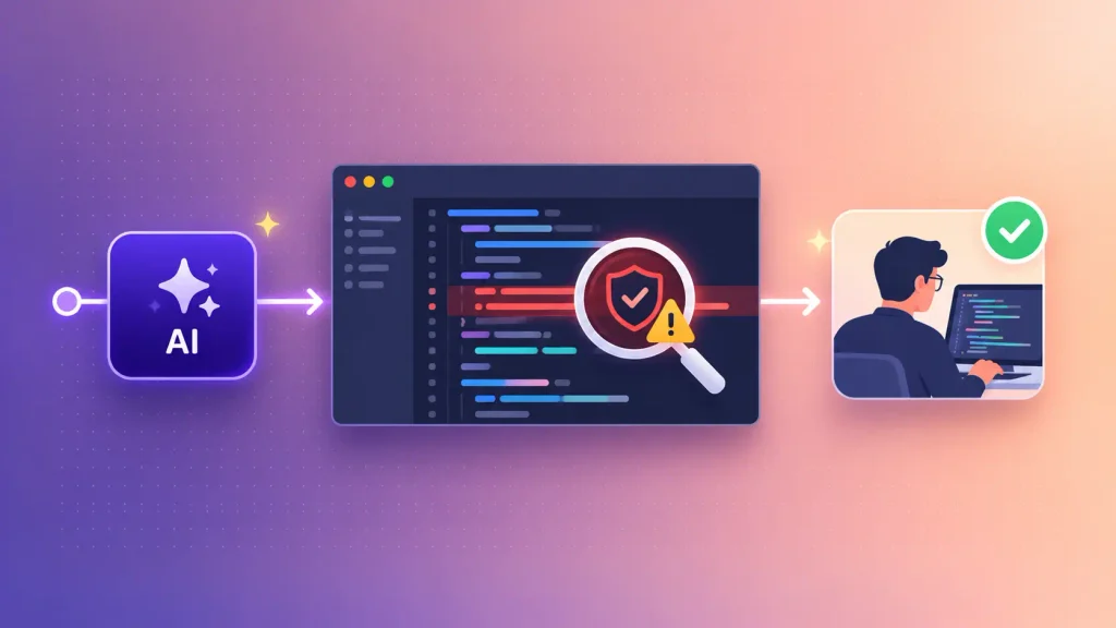 AI-generated code being reviewed by a developer and security scanner before shipping