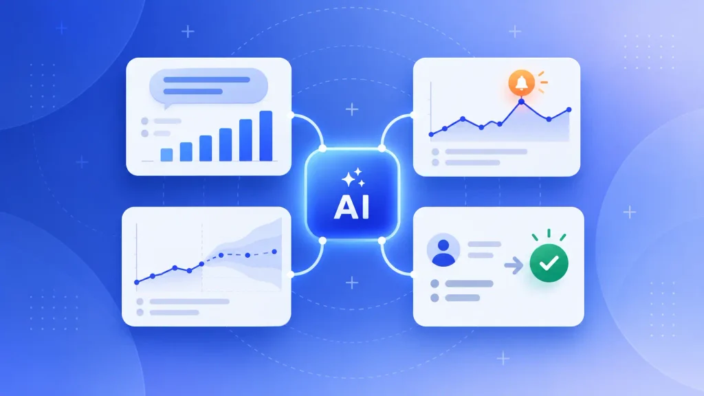 AI in data analytics powering natural-language queries, anomaly alerts, forecasts, and approved actions