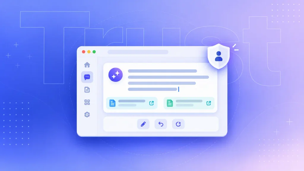 AI SaaS answer card with source links, edit and regenerate controls to build user trust