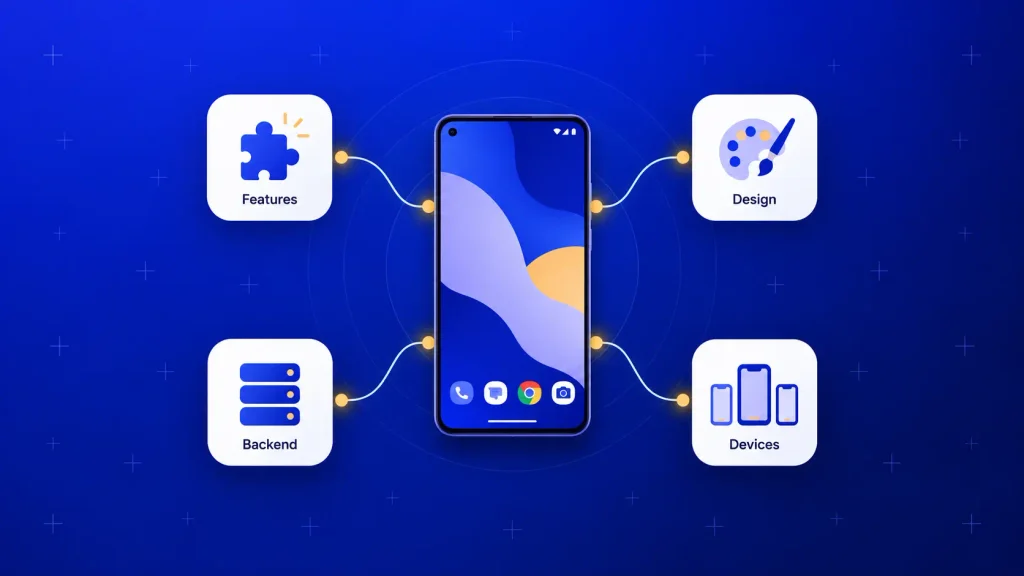 Features, design, backend, and device testing that drive Android app development cost