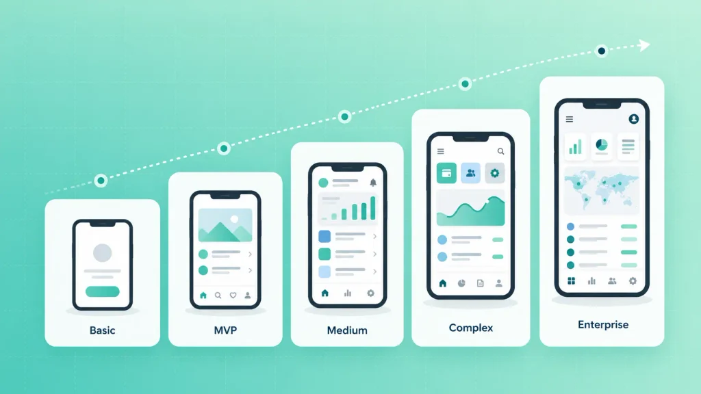 Android app development cost tiers rising from a basic app to an enterprise build