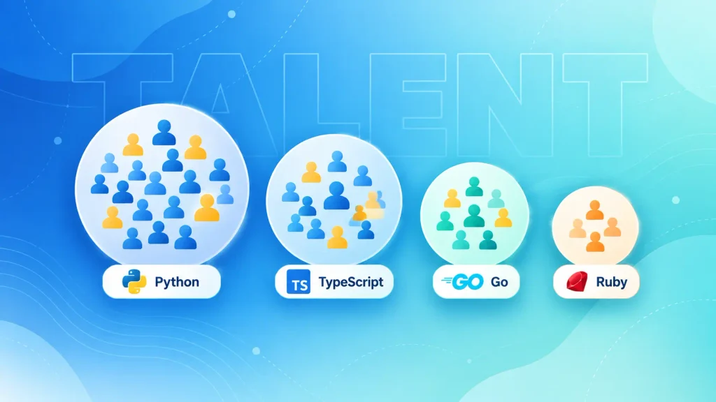 Relative size of backend developer hiring pools for Python, TypeScript, Go, and Ruby