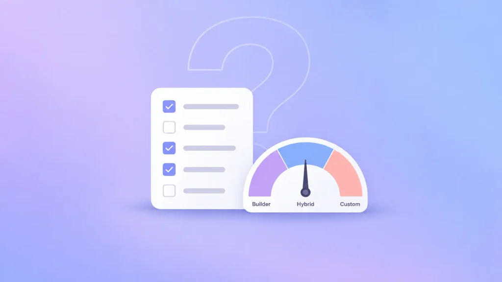 Custom AI chatbot vs chatbot builder decision test scorecard with a gauge pointing to the best route