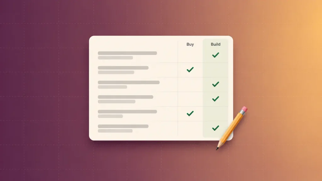 Six-question build vs buy software decision scorecard with checkmarks in two columns