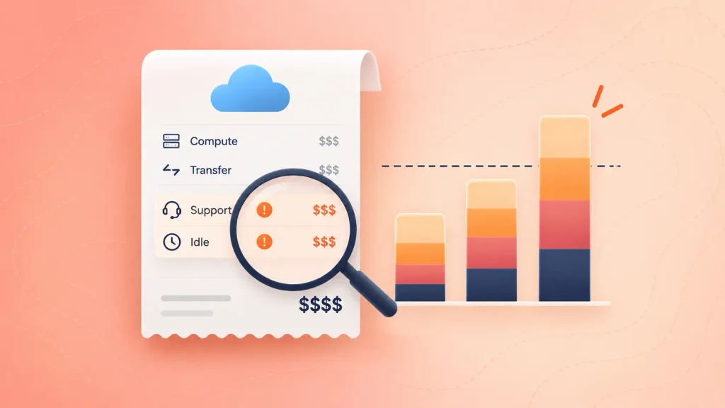 Cloud cost breakdown showing data transfer, support, and idle resources adding to the monthly bill