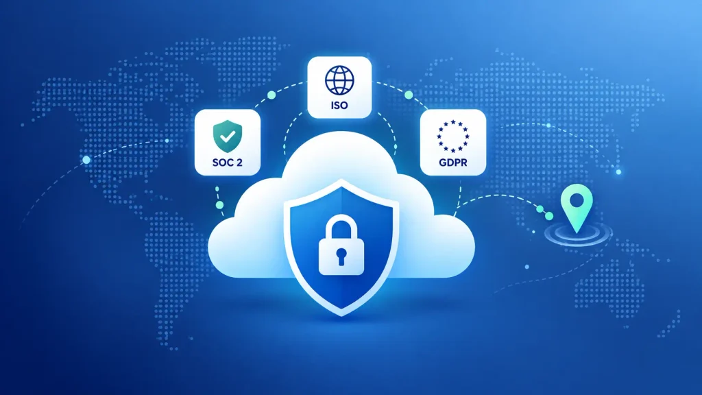 Cloud security and compliance with a shield, encryption lock, and data residency map pin
