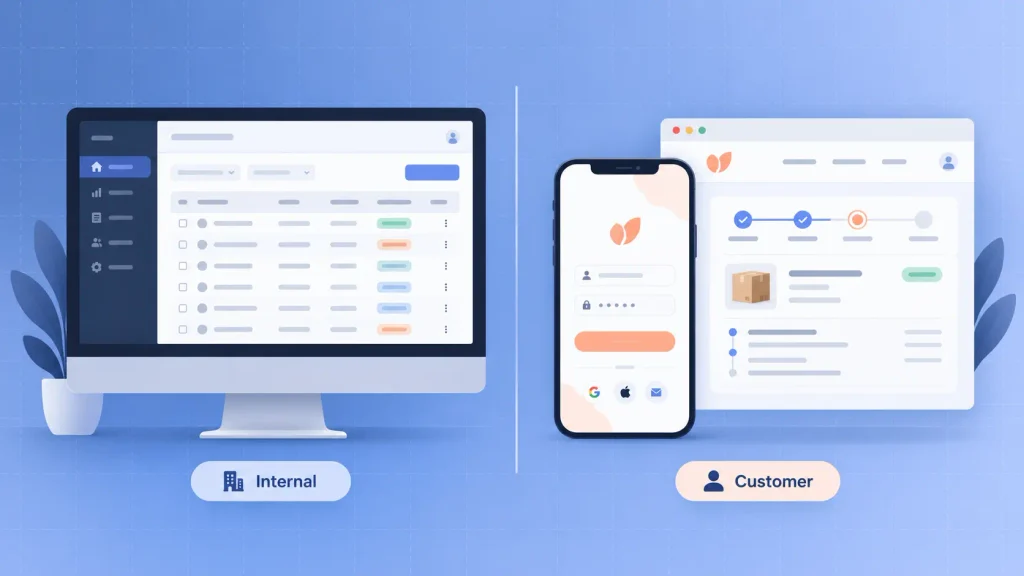 Custom business software examples split into internal team tools and customer-facing portals