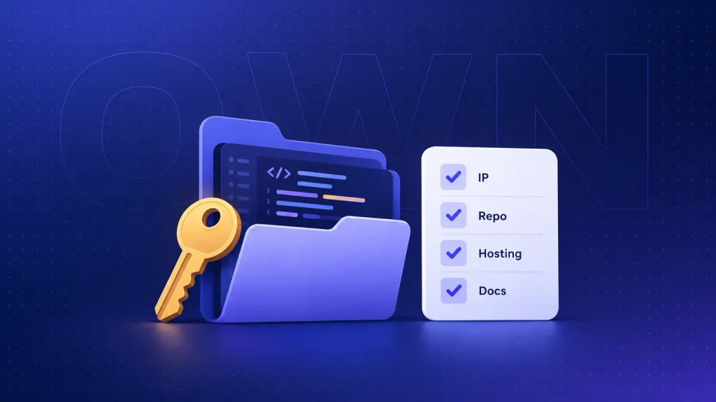 Code repository folder with a key and checklist representing custom software IP ownership