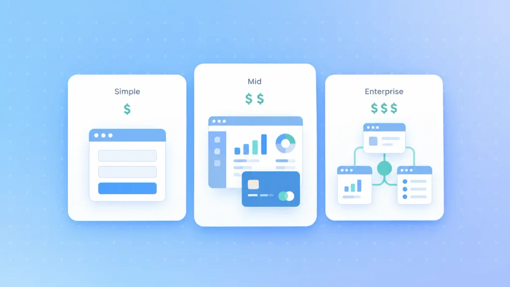 Three pricing tiers showing custom web app development cost from simple tools to enterprise platforms