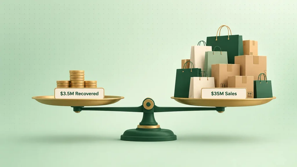 Balance scale showing $3.5M of recovered activewear deductions equal to $35M in new sales at 10% margin