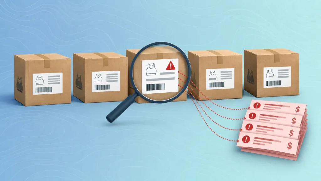 Magnifying glass highlighting one faulty carton label as the root cause of repeat activewear deductions