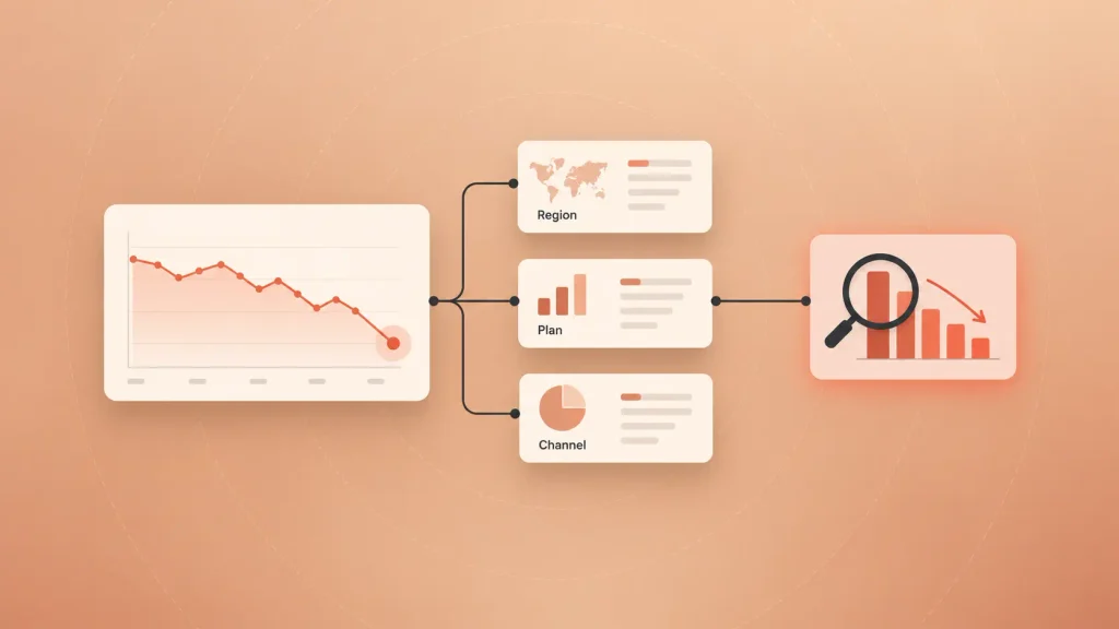 Diagnostic analytics drill-down splitting a revenue drop by segment to find the cause