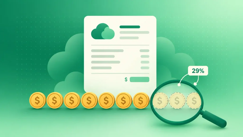 Cloud bill with three of ten coins faded out, illustrating FinOps and 29% cloud waste
