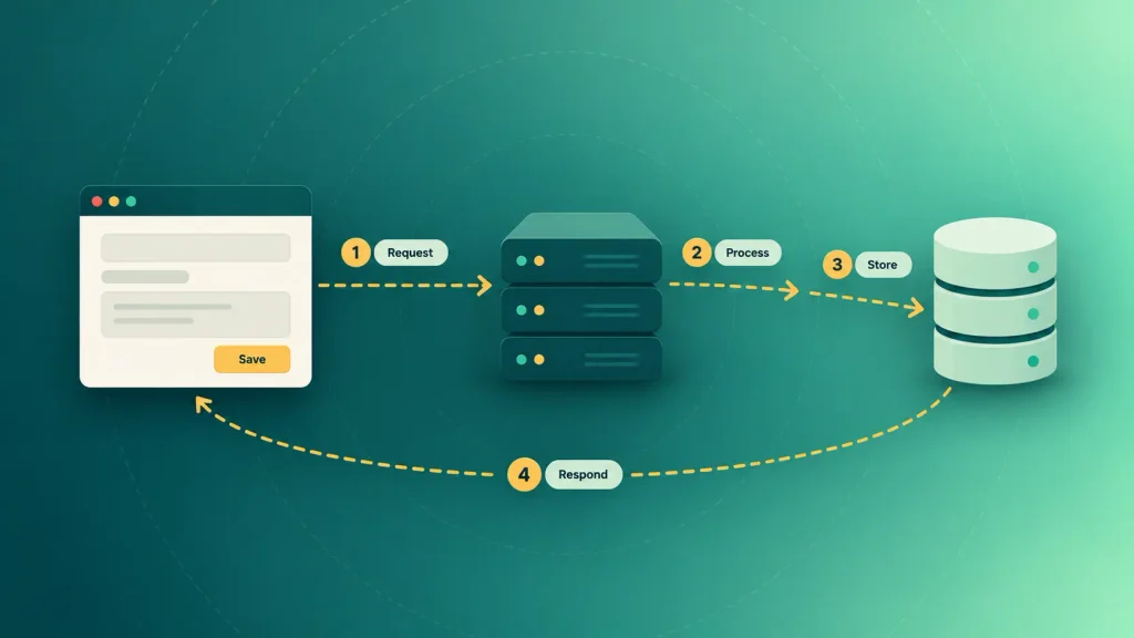 How web apps work: a request moving from browser to server to database and back