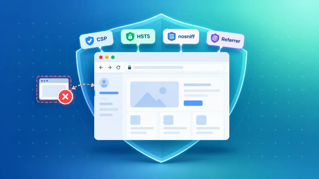 Browser window protected by HTTP security headers like CSP and HSTS shown as shield tags