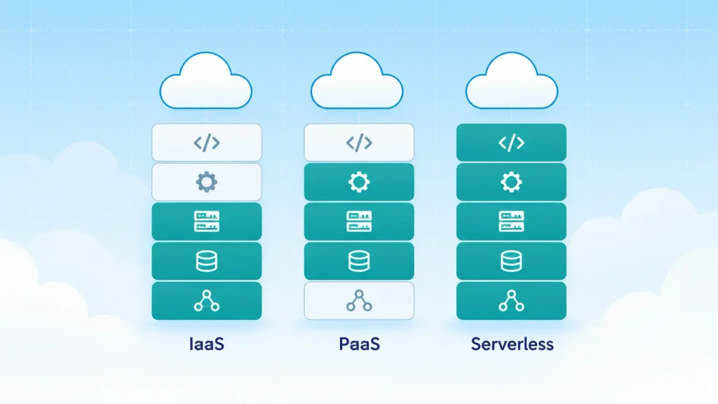 Three cloud service models, IaaS, PaaS, and serverless, shown as stacked layers of responsibility
