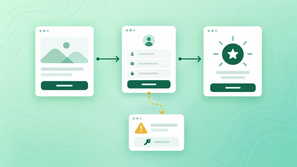 User flow map with sitemap, onboarding path, and error recovery routes in information architecture