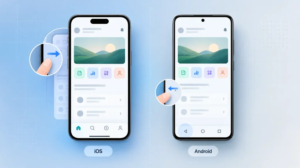 iOS and Android app screens side by side comparing navigation and back-gesture conventions