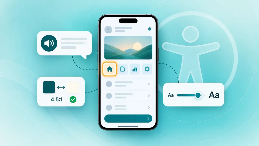 Accessible mobile app design showing screen reader focus, contrast check and scalable text