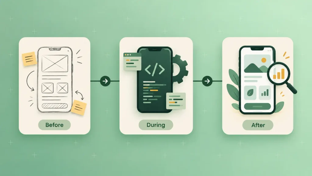 What does a mobile app consultant do before the build, during development, and after launch