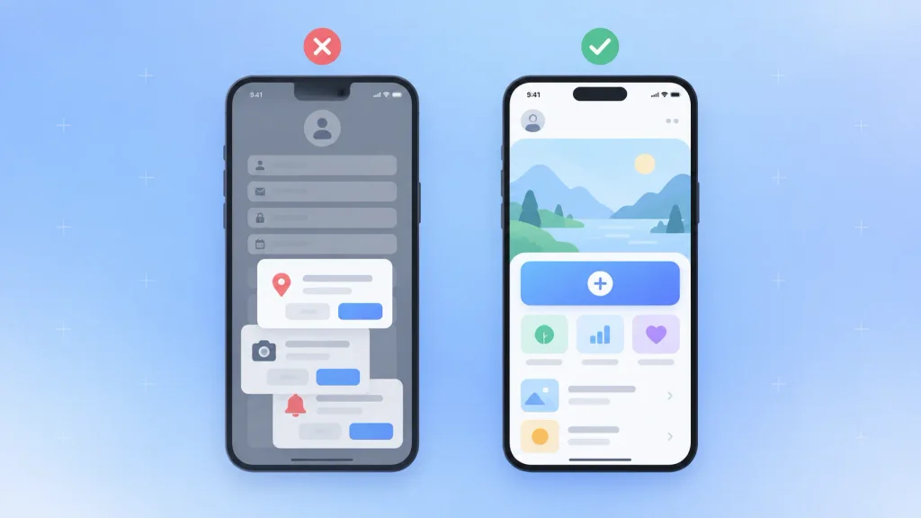 Mobile app onboarding comparison showing a sign-up wall versus a value-first first session