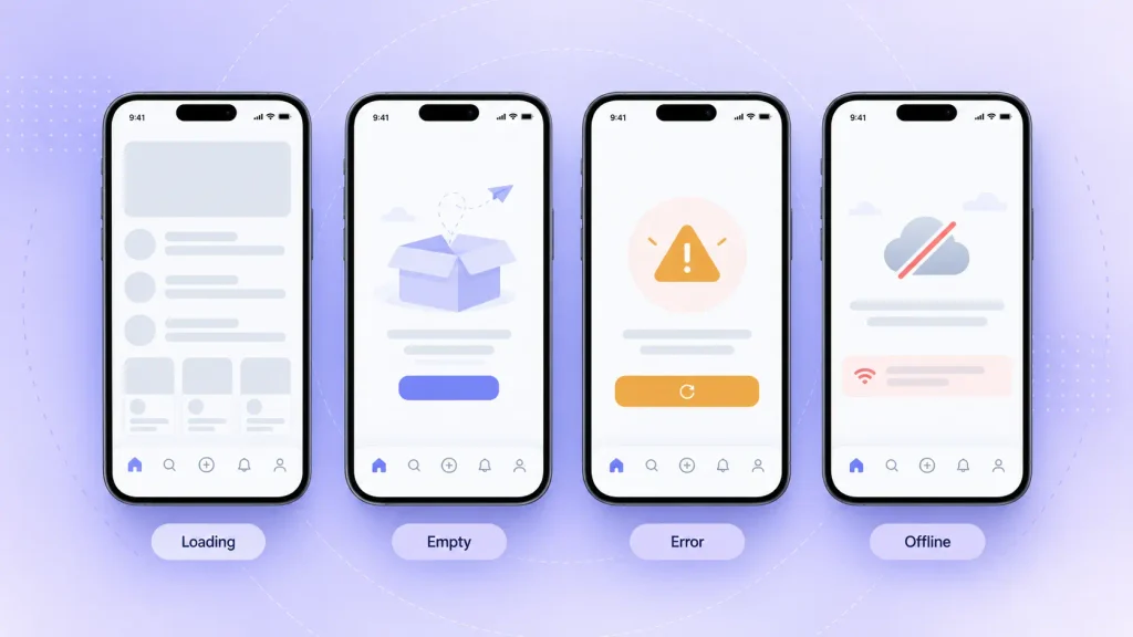 Four mobile app UI states showing loading=