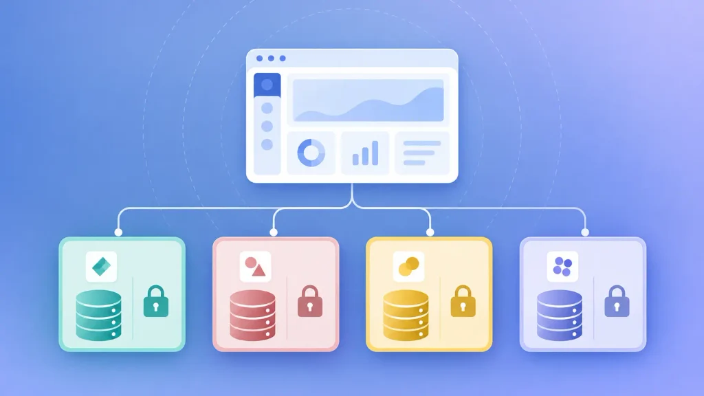 Multi-tenant SaaS architecture with one app serving several customers in isolated data spaces