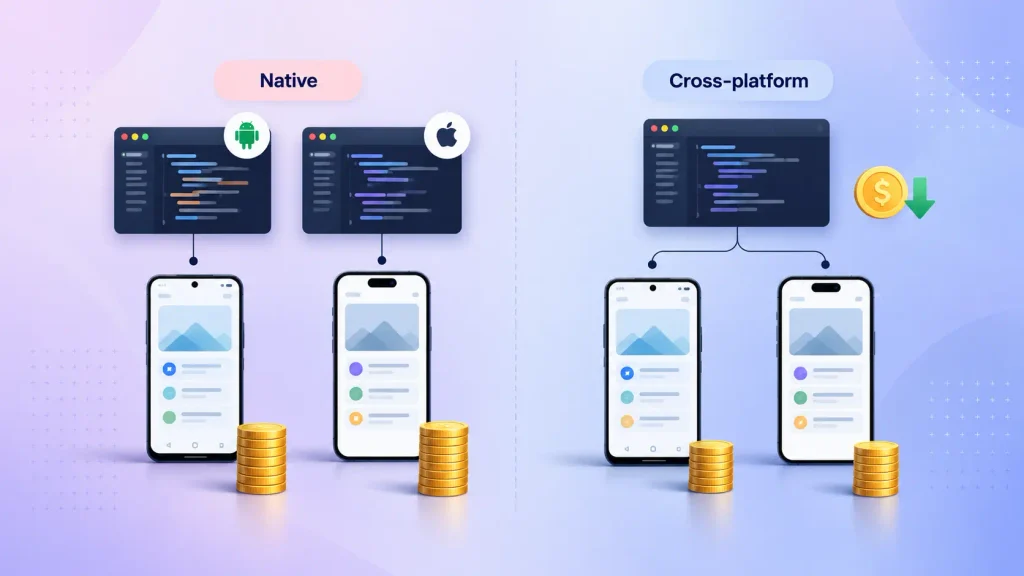 Native Android vs cross-platform build, showing two codebases versus one shared codebase