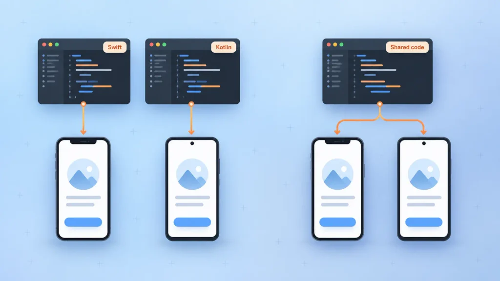 Native vs cross-platform app development with two separate codebases versus one shared codebase